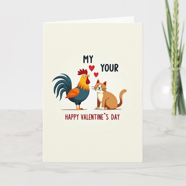 Cute Rooster Cat Valentines Day Card Karte (Vorderseite)