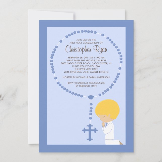 Cute Rosary First Communion Invitation Boy Blue (Devant)