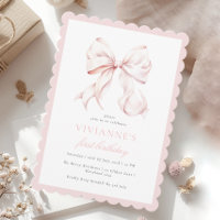Cute Rose Bow Girl First Birthday Invitation