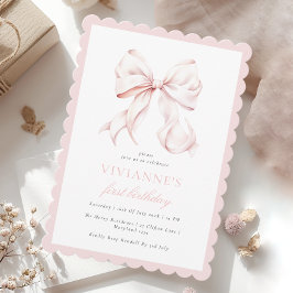 Cute Rose Bow Girl First Birthday Invitation