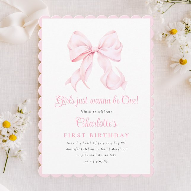Cute Rose Bow Girl First Birthday Invitation (Créateur téléchargé)