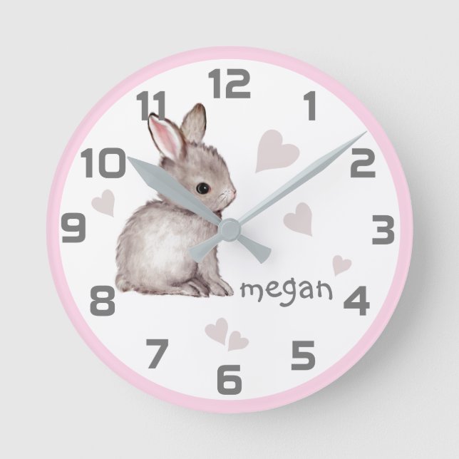 Cute rose Gris Lapin Coeur Mur Horloge (Recto)
