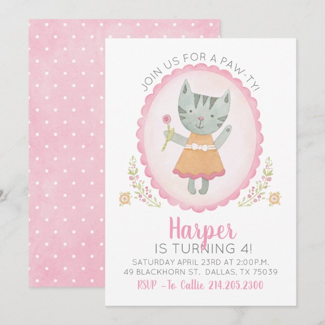 Cute Rose Kitty Chat Fille Anniversaire Invitation (Devant / Derrière)
