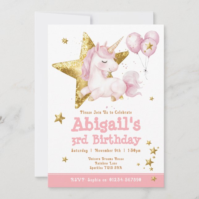 Cute Rose or Unicorn Girls Invitation Anniversaire (Devant)