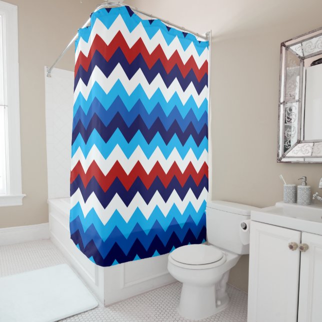Cute Rouge Blanc Bleu Chevrons Douche Rideau (En situation)