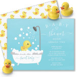 Cute Rubber Duck Shower Baby Invitation Einladung<br><div class="desc">Adorable duck in a bath tub with shower head set on a blue background for a neutral baby shower. Flip our sweet invitation over to view a coordinating duck back for an extra special touch. Visit our shop to view matching shower items. This invitation is also available for twins &...</div>