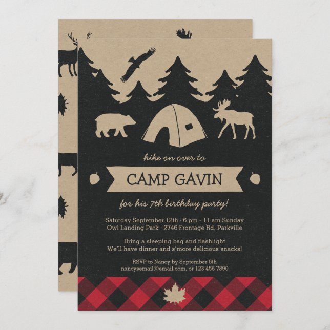 Cute Rustic Flannel Camping Invitation de fête d'a (Devant / Derrière)
