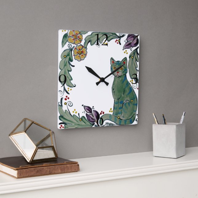 Cute Rustic Teal Cat Kitten Floral Folk Quadratische Wanduhr (Büro)