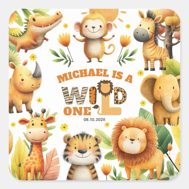 Cute Safari Animals Festive WILD ONE 1st Birthday  Quadratischer Aufkleber (Vorderseite)