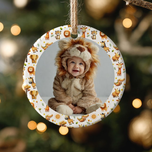 Cute Safari Animals WILD ONE 1st Birthday Photo Keramik Ornament (Von Creator hochgeladen)