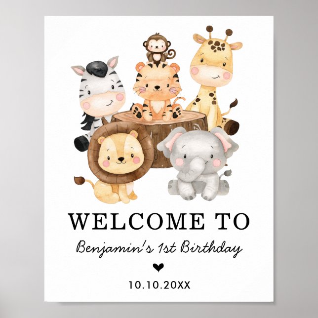 Cute Safari Animals Wild One 1st Birthday Welcome Poster (Vorne)