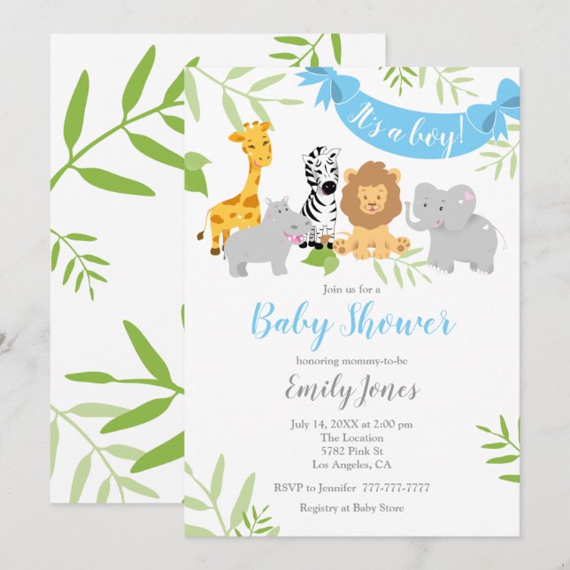 Cute Safari Animaux Baby shower Boy Invitation (Devant / Derrière)