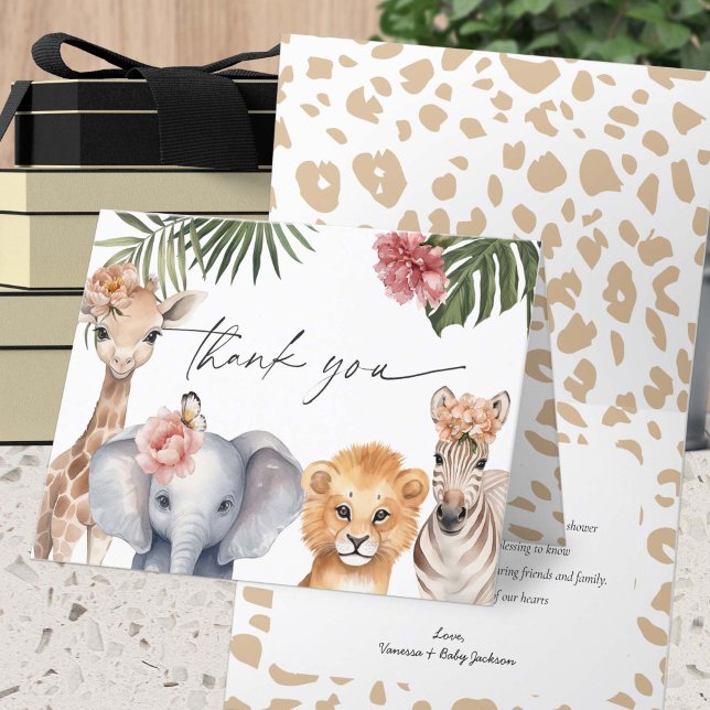 Cute Safari Animaux bébé fille Douche Merci (Baby Girl Shower Safari Animals, A little Wild One is on Her way themed Baby Shower Thank You cards.)
