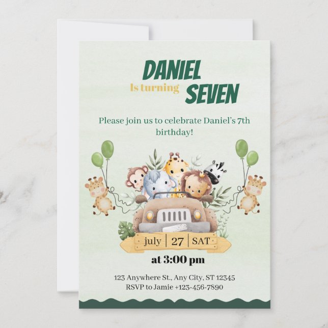 Cute Safari Jungle Animal Invitation Anniversaire (Devant)