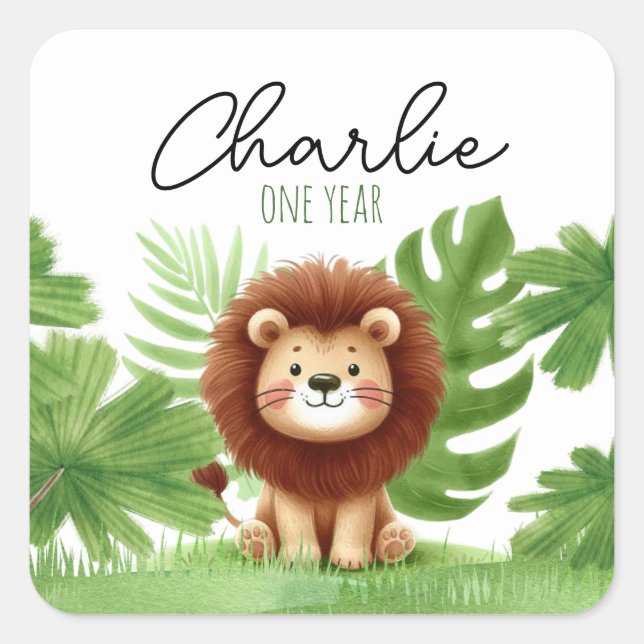 Cute Safari Lion Birthday Quadratischer Aufkleber (Vorderseite)