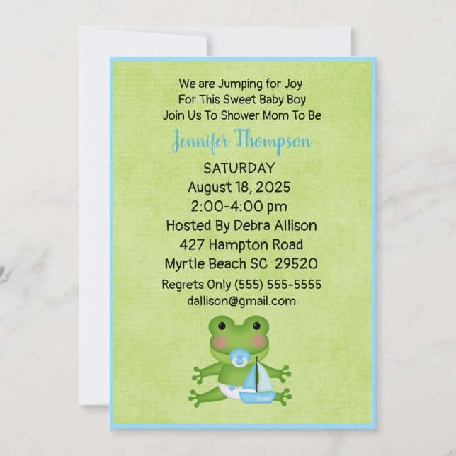 Cute Sailboat Frog Baby Boy Shower Invitation (Devant)