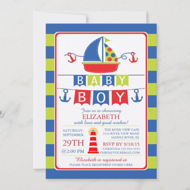 Cute Sailboat Nautical Boy Baby shower Invitation (Devant)