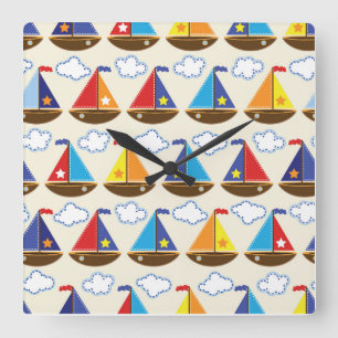 Cute Sailboat Pattern 2 Quadratische Wanduhr