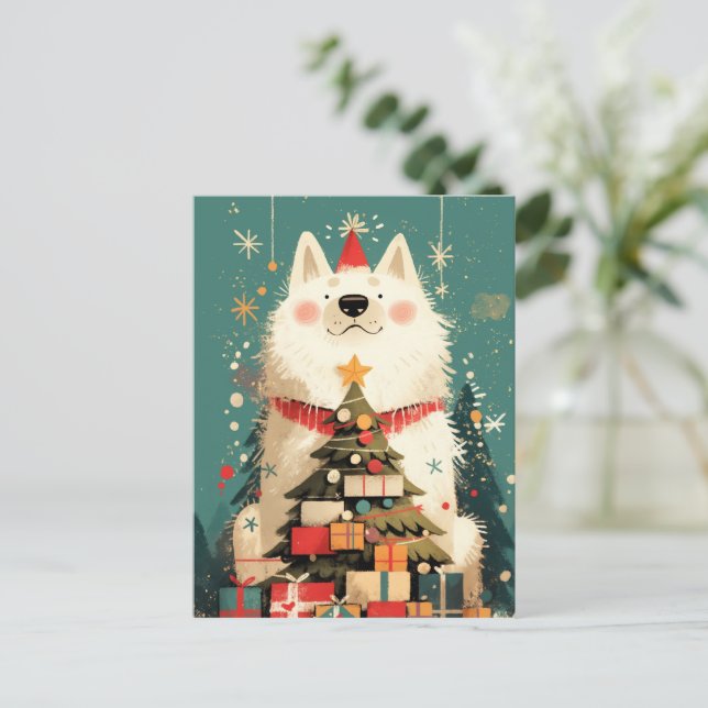 Cute Samoyed dog with Christmas Feiertagspostkarte (Stehend Vorderseite)