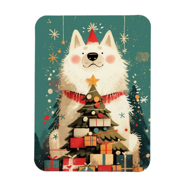 Cute Samoyed dog with Christmas Holiday Magnet (Vertikal)
