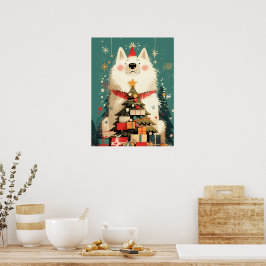 Cute Samoyed dog with Christmas Holiday Poster