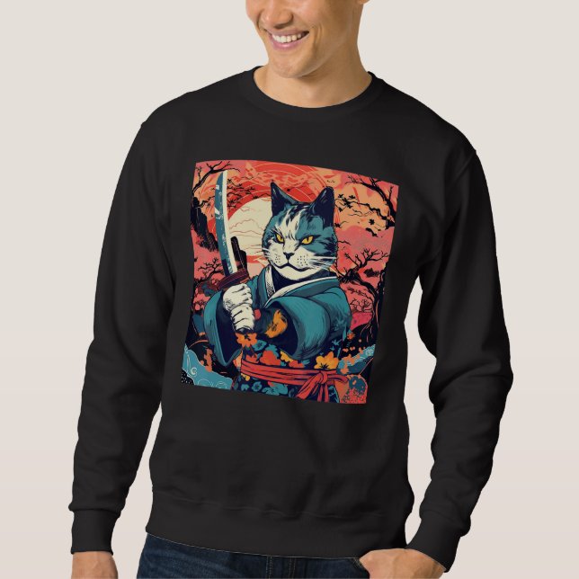 Cute Samurai Cat Japanese Tattoo Vintage Kabuki Sweatshirt (Vorderseite)