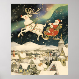 Cute Santa and Reindeer Flying Over Snowy Village Poster
