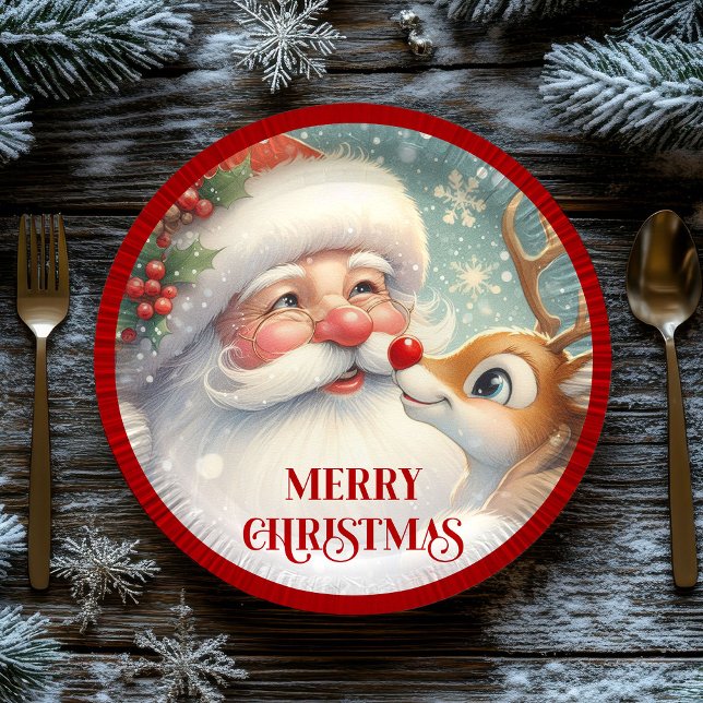 Cute Santa and Rudolph Cartoon Christmas Plates Pappteller (Cute Santa and Rudolph Cartoon Christmas Paper Plates)