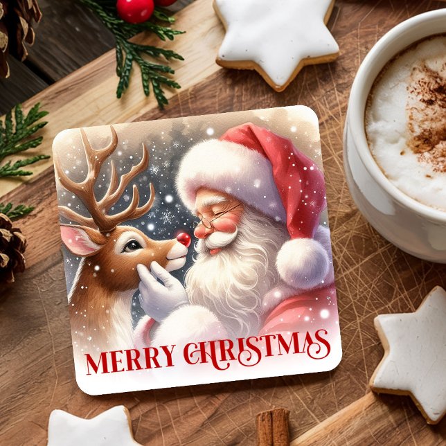 Cute Santa and Rudolph Christmas Paper Coasters Rechteckiger Pappuntersetzer (Cute Santa and Rudolph Christmas Paper Coasters)