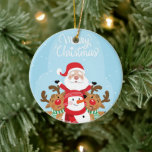 Cute Santa Claus, deer and snowman Keramik Ornament<br><div class="desc">Santa Claus Reindeer,  Lovely art colorful comic ,  snowflake drawing title joy ,  nose man frozen friends ,  cheerful kids happiness animal ,  fun winter funny red ,  cartoon xmas snow illustration ,  holiday merry character snowman ,  deer happy cute christmas ,  reindeer claus , </div>