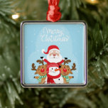 Cute Santa Claus, deer and snowman Ornament Aus Metall<br><div class="desc">Santa Claus Reindeer,  Lovely art colorful comic ,  snowflake drawing title joy ,  nose man frozen friends ,  cheerful kids happiness animal ,  fun winter funny red ,  cartoon xmas snow illustration ,  holiday merry character snowman ,  deer happy cute christmas ,  reindeer claus , </div>