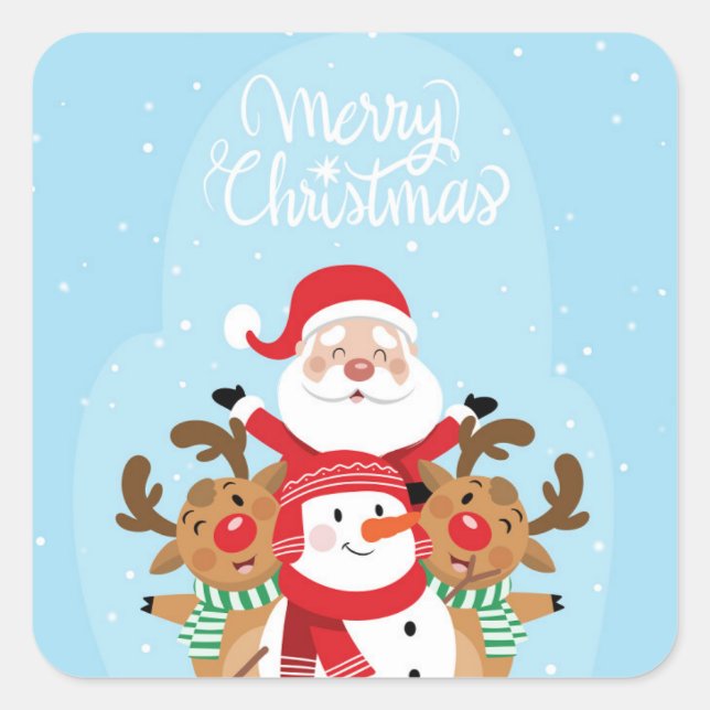 Cute Santa Claus, deer and snowman Quadratischer Aufkleber (Vorderseite)