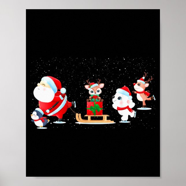 Cute Santa Claus Ice Skating With Friends - Family Poster (Vorne)
