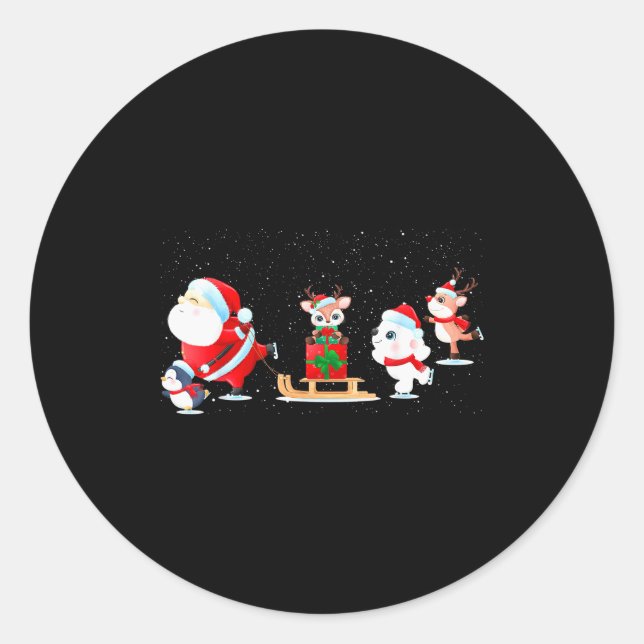 Cute Santa Claus Ice Skating With Friends - Family Runder Aufkleber (Vorderseite)