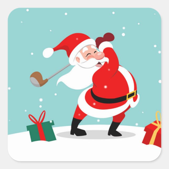 Cute Santa Claus plays golf illustration Quadratischer Aufkleber (Vorderseite)