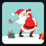 Cute Santa Claus plays golf illustration Quadratischer Aufkleber<br><div class="desc">christmas Santa Claus golfer, 
funny happiness illustration, 
 red cute golf holiday, 
 gift play comic hobby, 
 senior hat male smiling , 
cheerful green game snow, 
 father year ball season , 
club man happy beard , 
sport cartoon merry winter , 
golfer christmas Santa Claus , </div>