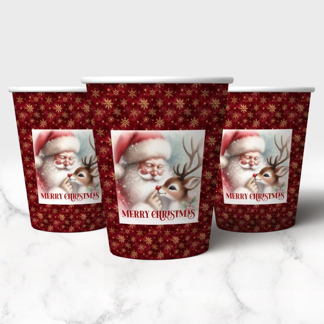 Cute Santa Claus & Rudolph Cartoon Christmas Paper Pappbecher (Cute Santa Claus & Rudolph Cartoon Christmas Paper Cups)