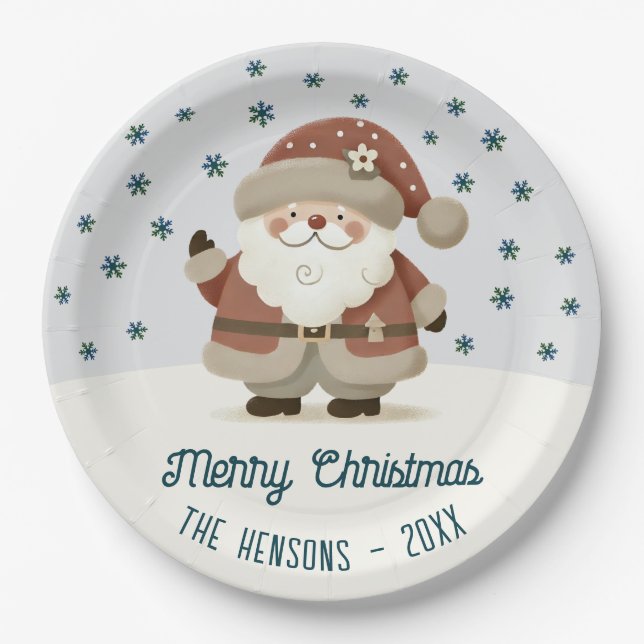 Cute Santa Clause Snowflakes Drawing Christmas Pappteller (Vorderseite)