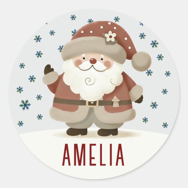 Cute Santa Clause Snowflakes Drawing Christmas Runder Aufkleber (Vorderseite)