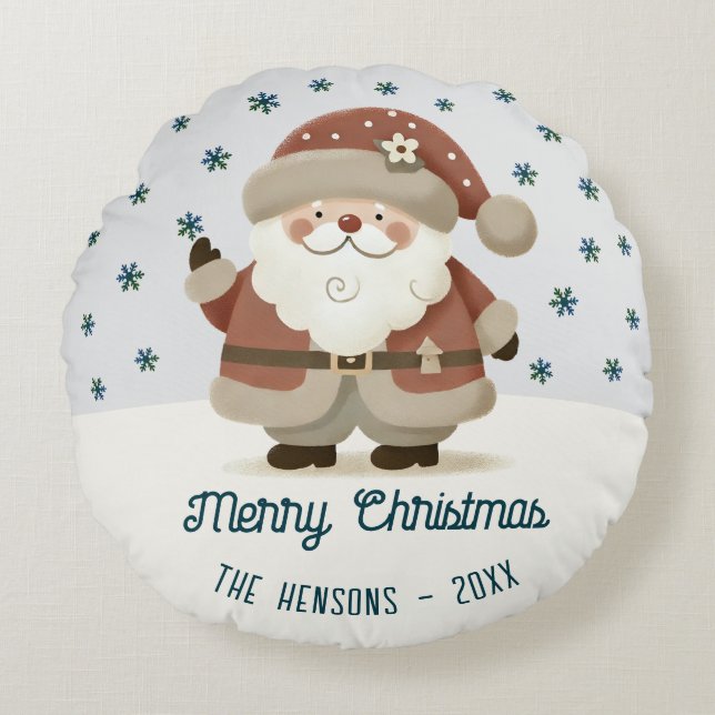 Cute Santa Clause Snowflakes Drawing Christmas Rundes Kissen (Vorderseite)