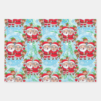Cute Santa & Elves Christmas Pattern Geschenkpapier Set