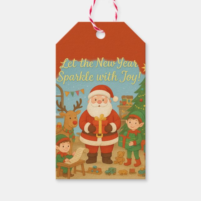 Cute Santa & Elves New Year Holiday Card Geschenkanhänger (Vorderseite)