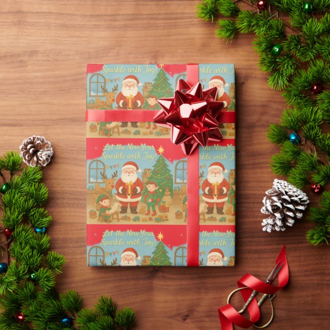 Cute Santa & Elves New Year Holiday Card Geschenkpapier (Feiertagsgeschenk)