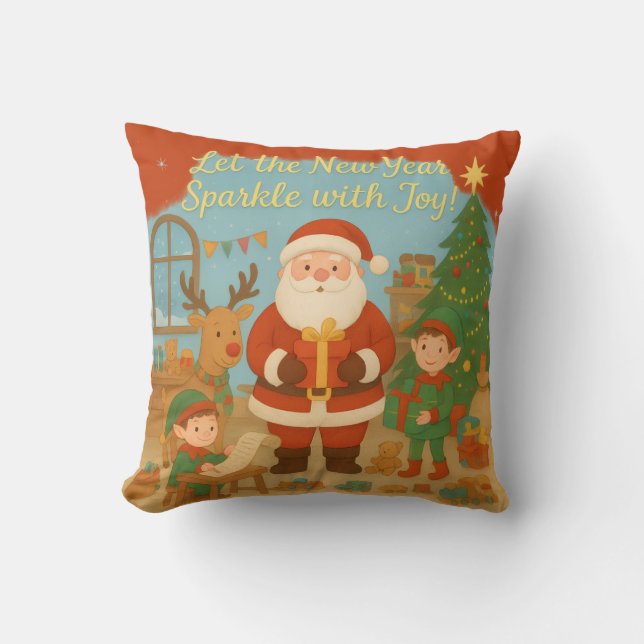 Cute Santa & Elves New Year Holiday Card Kissen (Vorderseite)