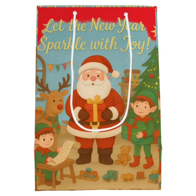 Cute Santa & Elves New Year Holiday Card Mittlere Geschenktüte (Rückseite)