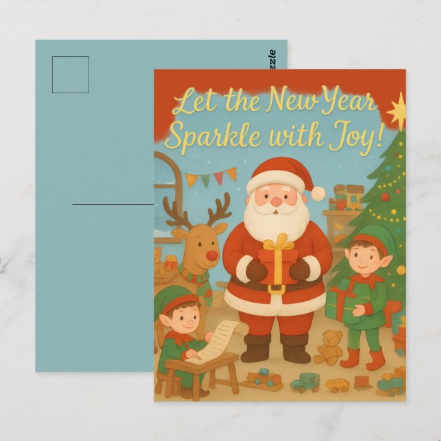 Cute Santa & Elves New Year Holiday Card Postkarte (Vorne/Hinten)