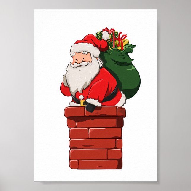 Cute Santa Entering Chimney with Gift Bag Poster (Vorne)