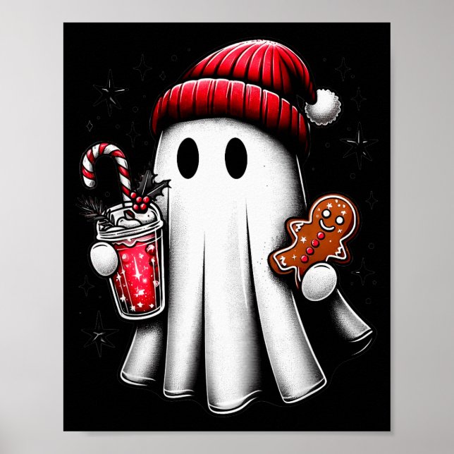 Cute Santa Ghost Drinking Coffee Ice Coffee Christ Poster (Vorne)