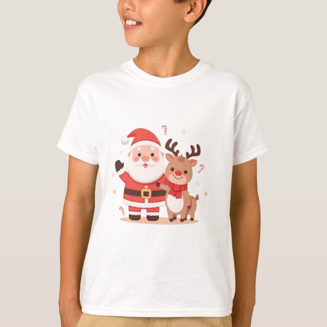 Cute Santa & Reindeer Christmas T-Shirt (Vorderseite)