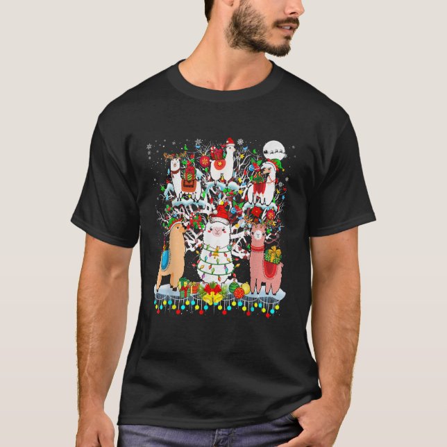 Cute Santa Reindeer Elf Llamas On Christmas Tree O T-Shirt (Vorderseite)